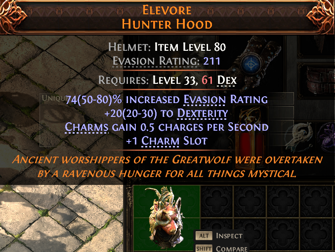 MMOJUGG Path of Exile 2 ELEVORE HUNTER HOOD#937674 Details View of Item Function and Use